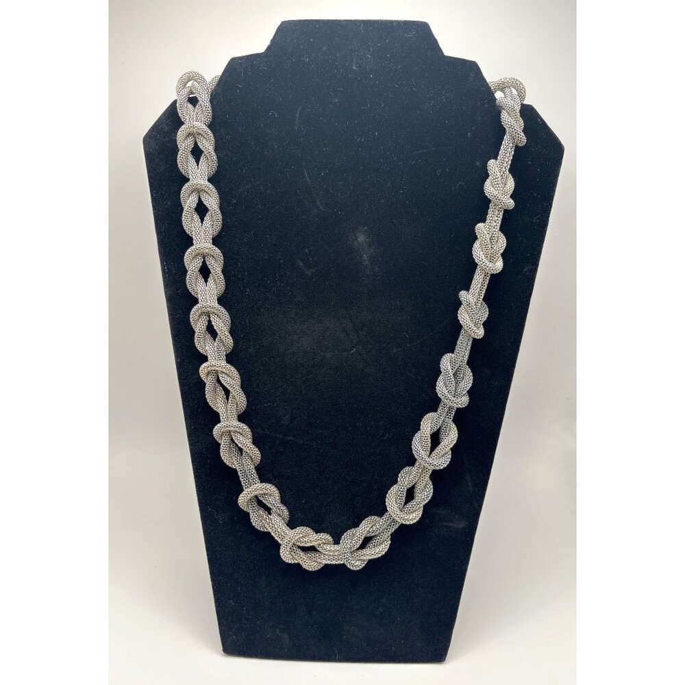 Vintage Silver Tone Macrame Knot Mesh Chain Statement 24" Necklace No Clasp